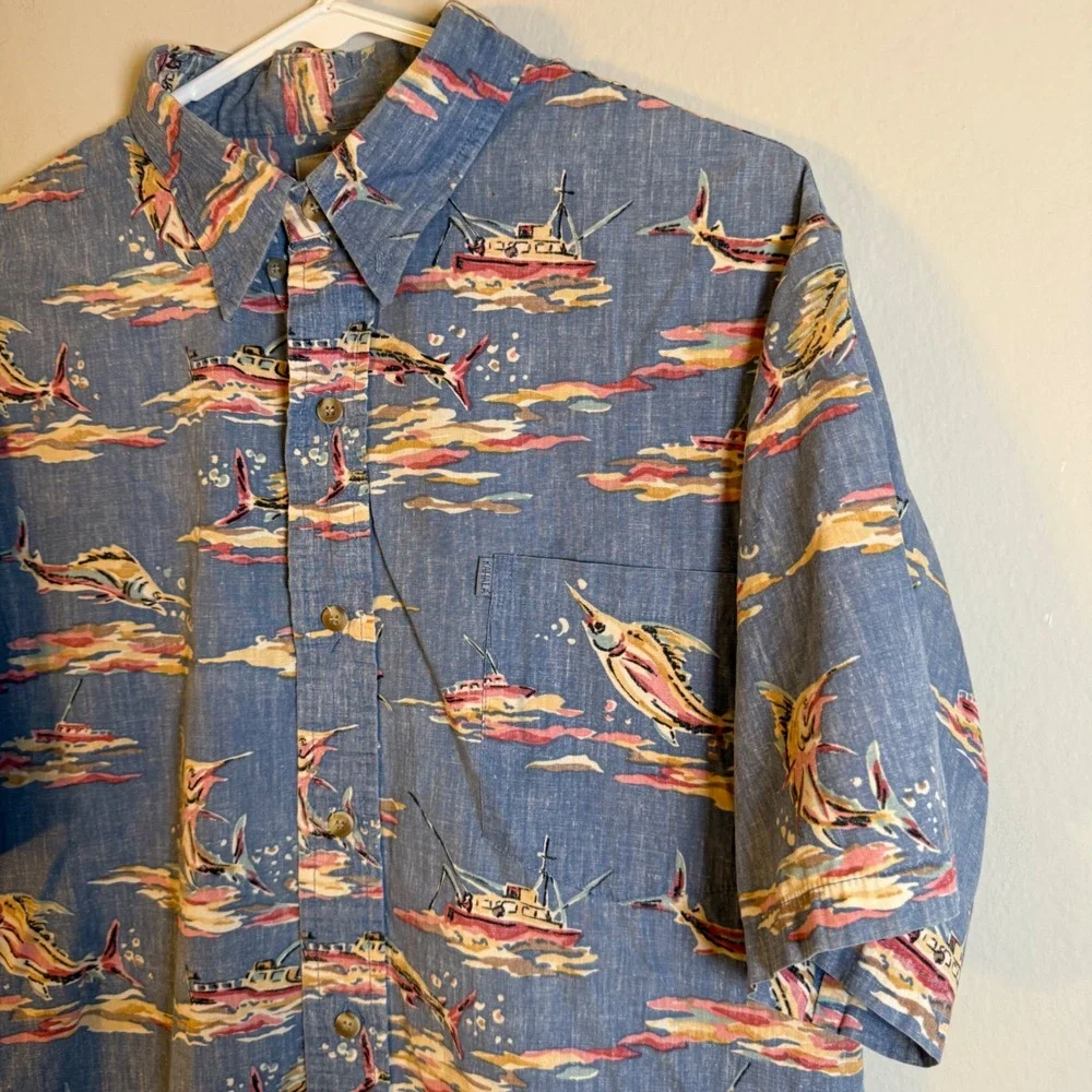 Kahala Mens Blue Cotton Marlin‎ Fishing Boat Hawaiian Aloha Shirt M Handcrafted